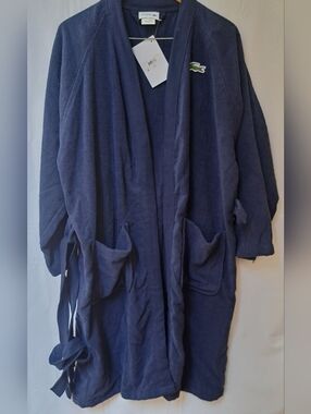 Lacoste Mens Classic Pique Robe Navy Blue Cotton Blend Bathrobe NWT Large